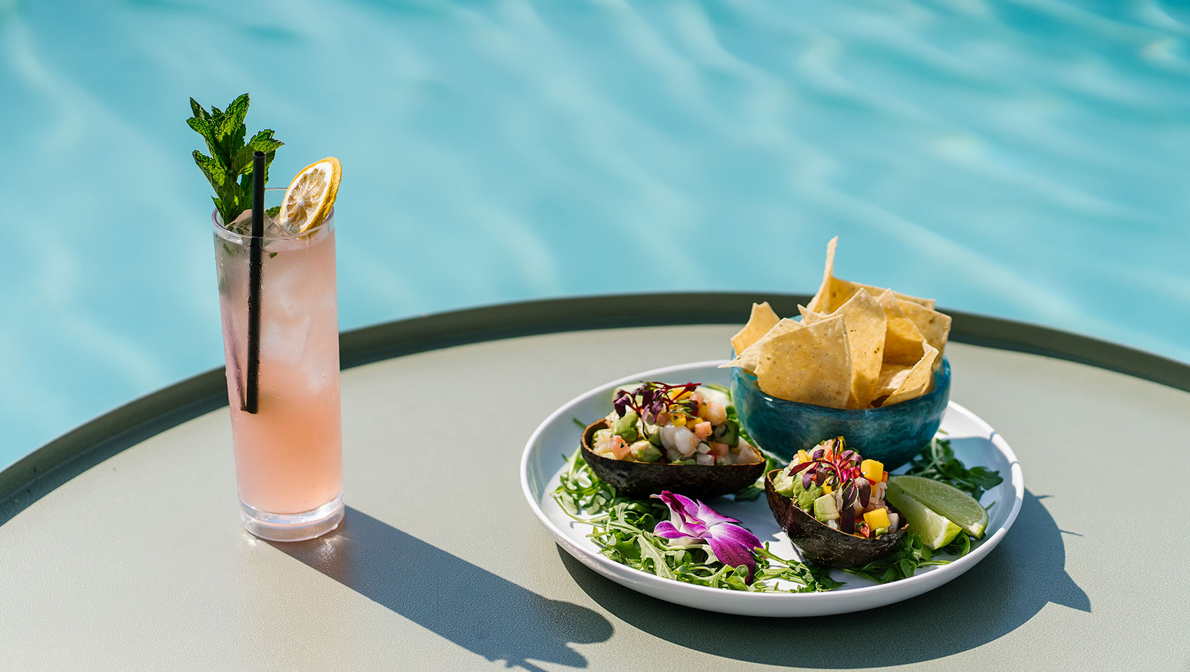 cocktail and entree by the pool