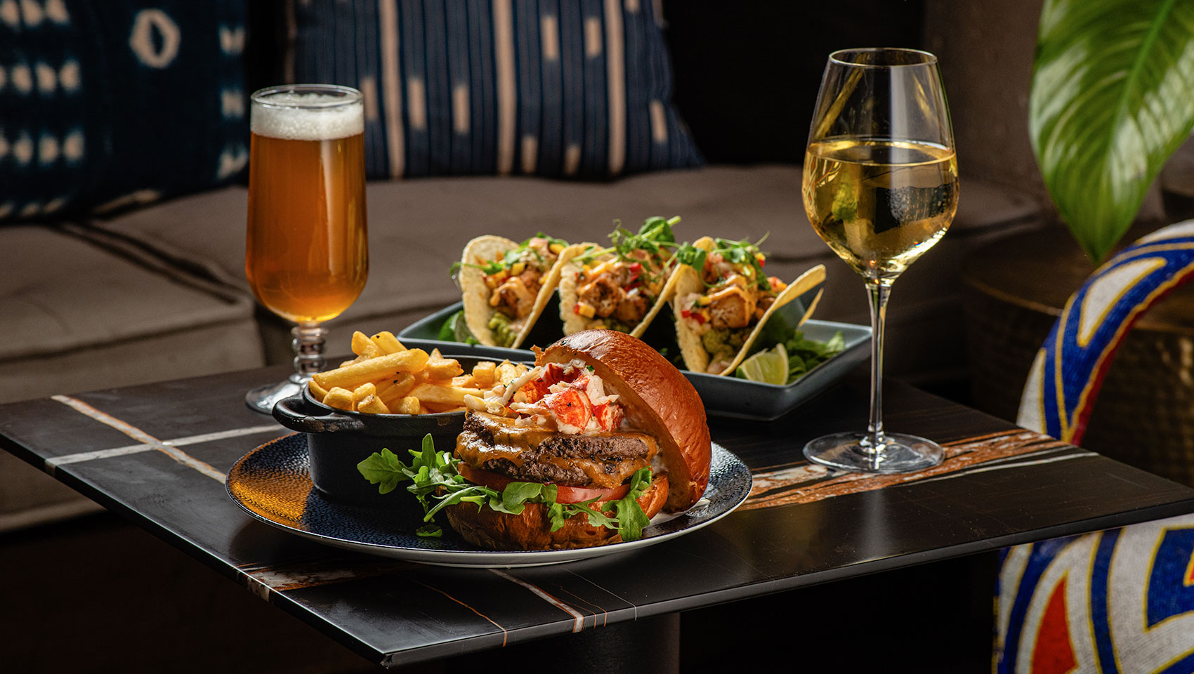 a plate of food and drinks on a table