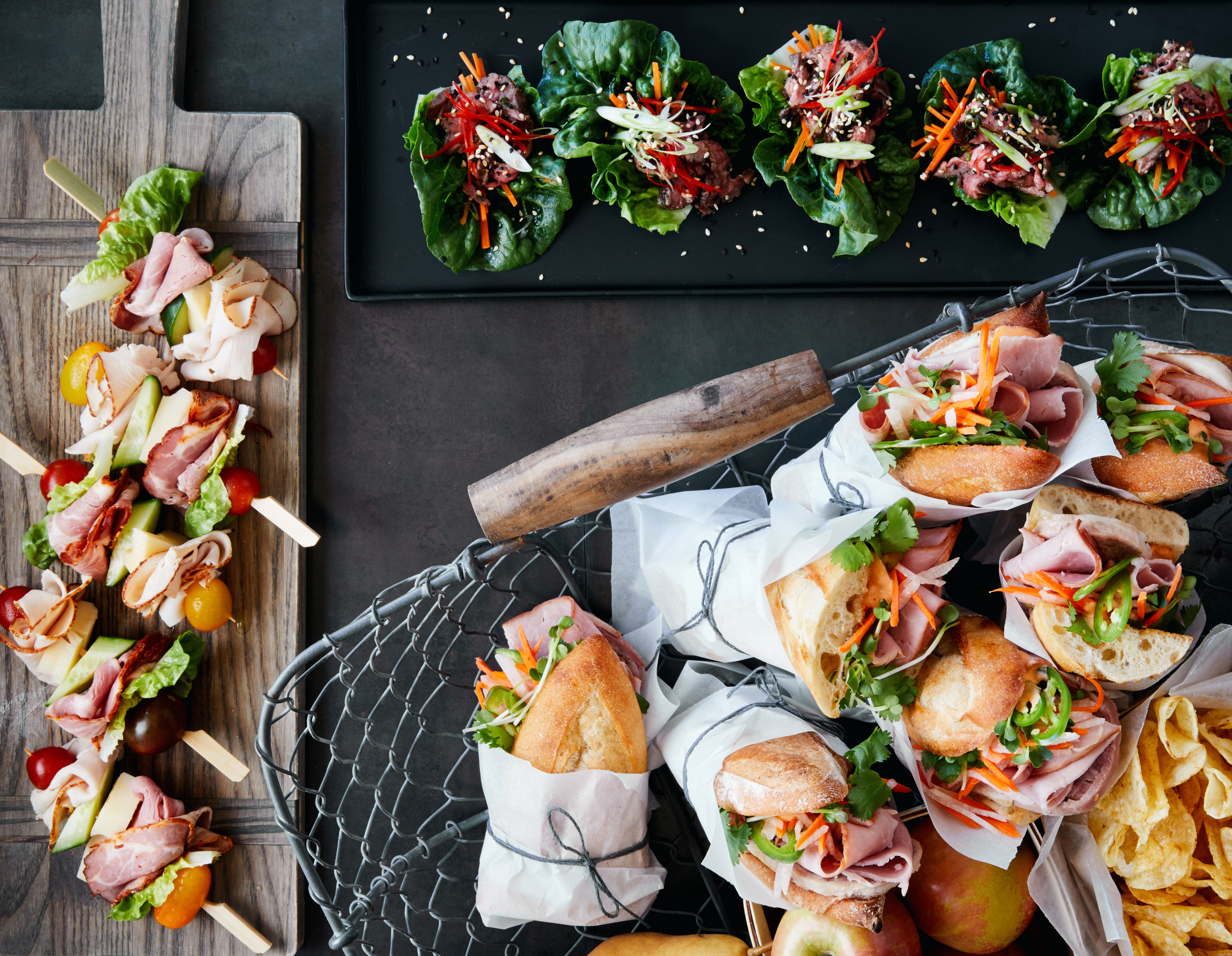 lunch arrangement display with assorted sandwiches